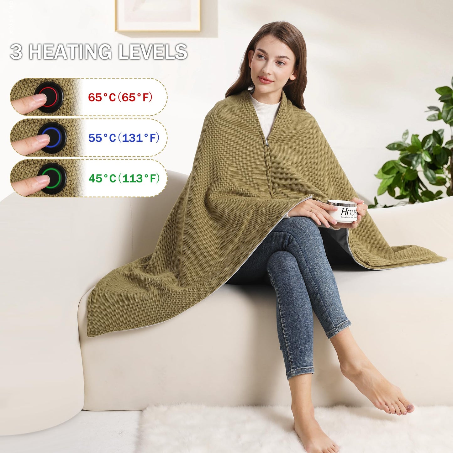 Portable Soft Zipper Electric Heated Blanket Shawl