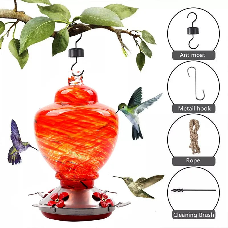 Hand Blown Glass Hummingbird Feeder - 38 Ounces