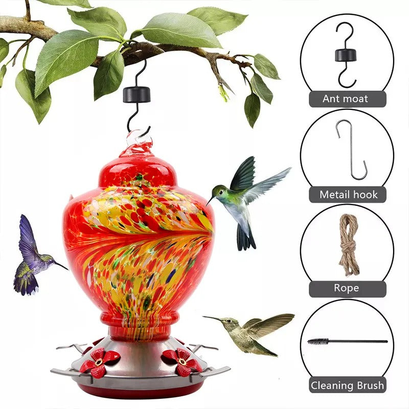 Hand Blown Glass Hummingbird Feeder - 38 Ounces