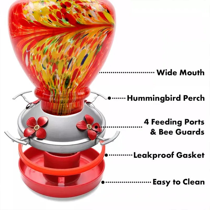 Hand Blown Glass Hummingbird Feeder - 38 Ounces